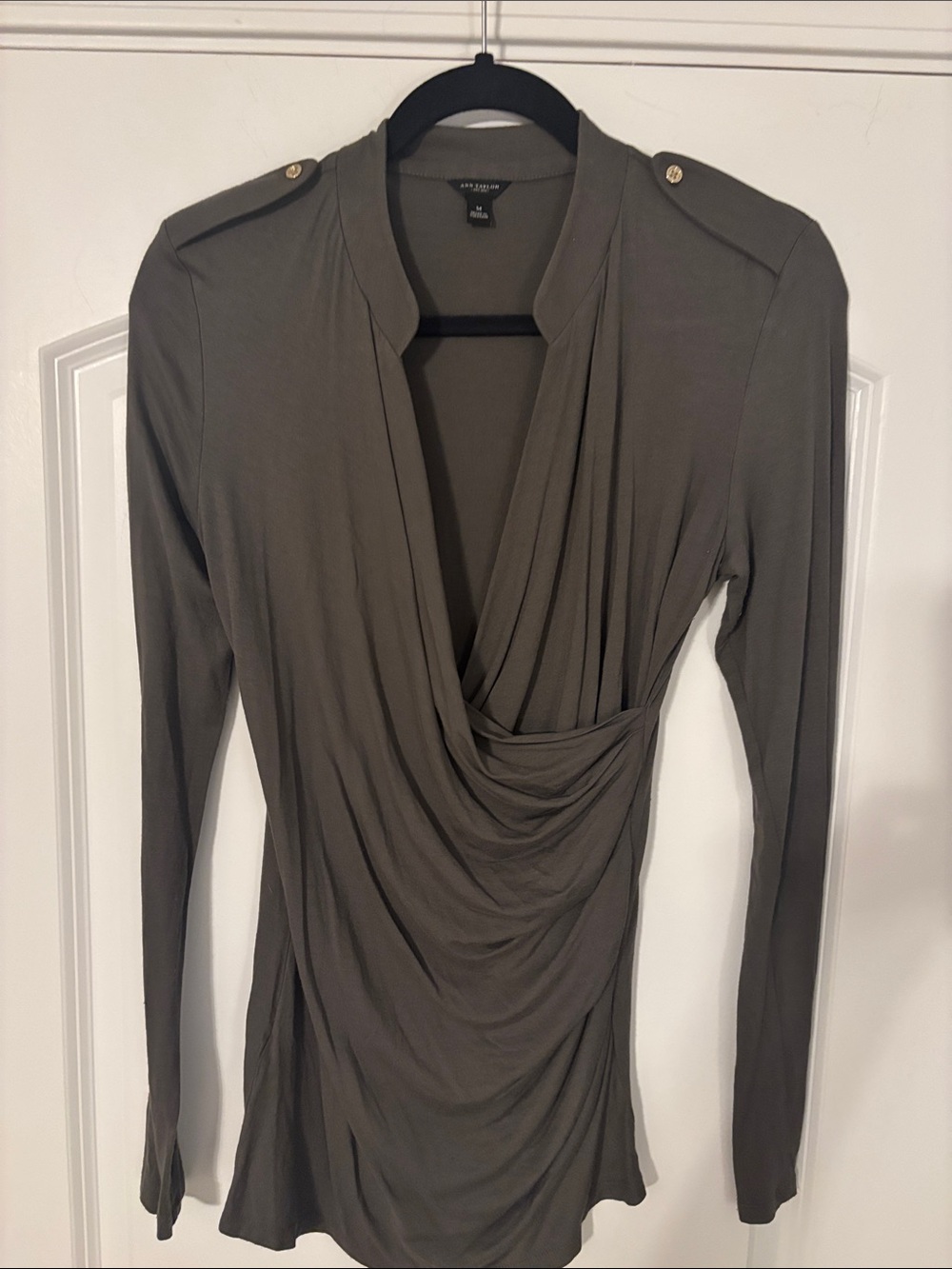 Ann Taylor Olive Draped Long Sleeve Top with Shoulder Epaulets